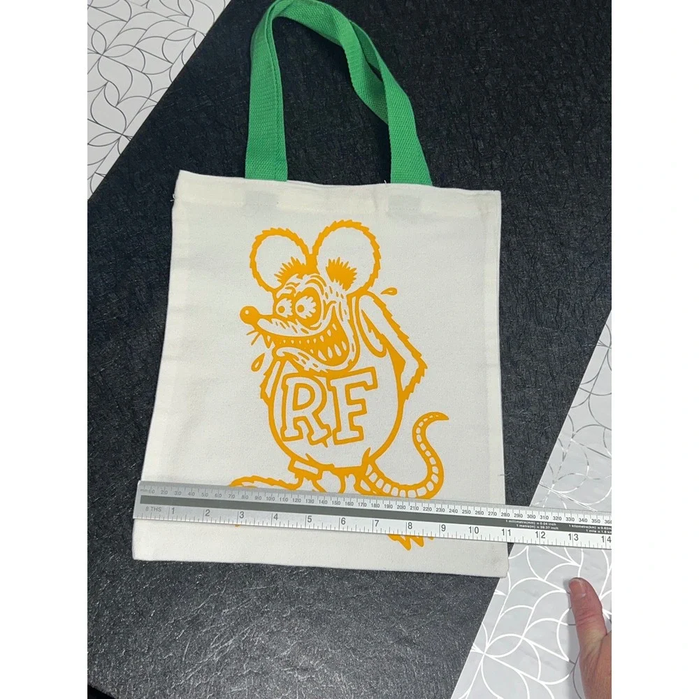 Rat Fink Graphic Canvas Tote Bag White Green Ed Roth Hot Rod Art Small